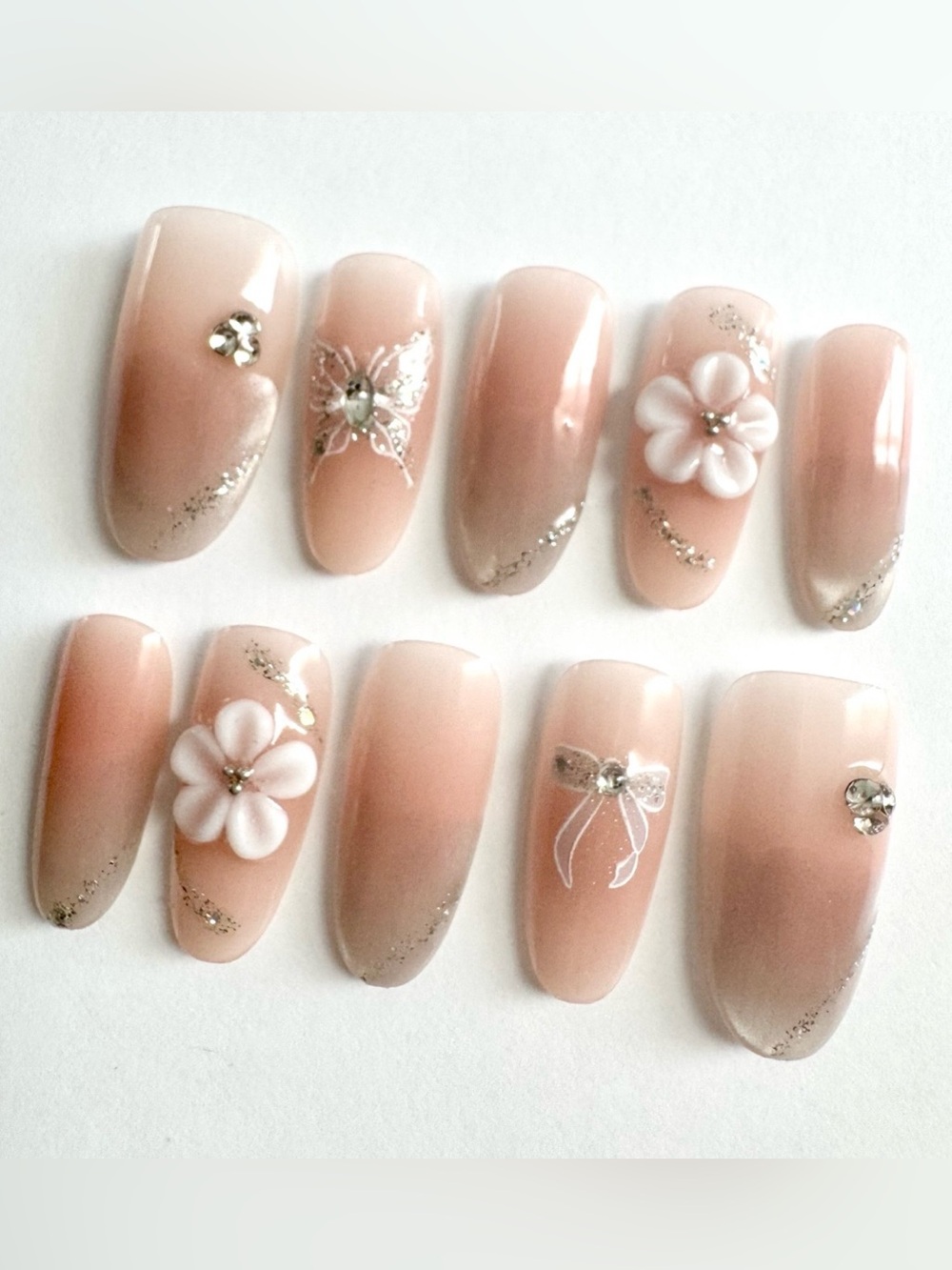 Nude Pink Press-On Nails with 3D Flower Accents